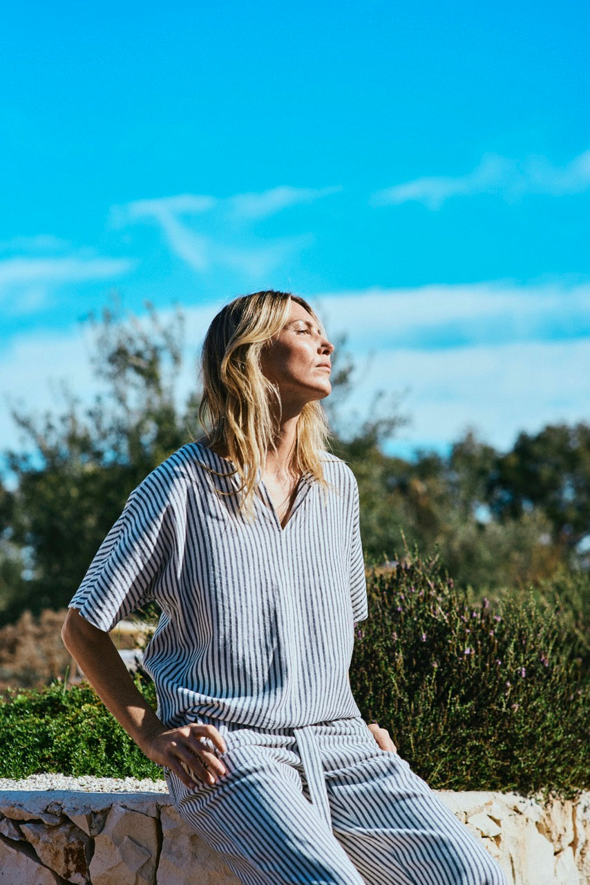 blå stribet t-shirt med korte ærmer Freequent Star Off-white w Navy Blazer FQLAVISCO-BLOUSE