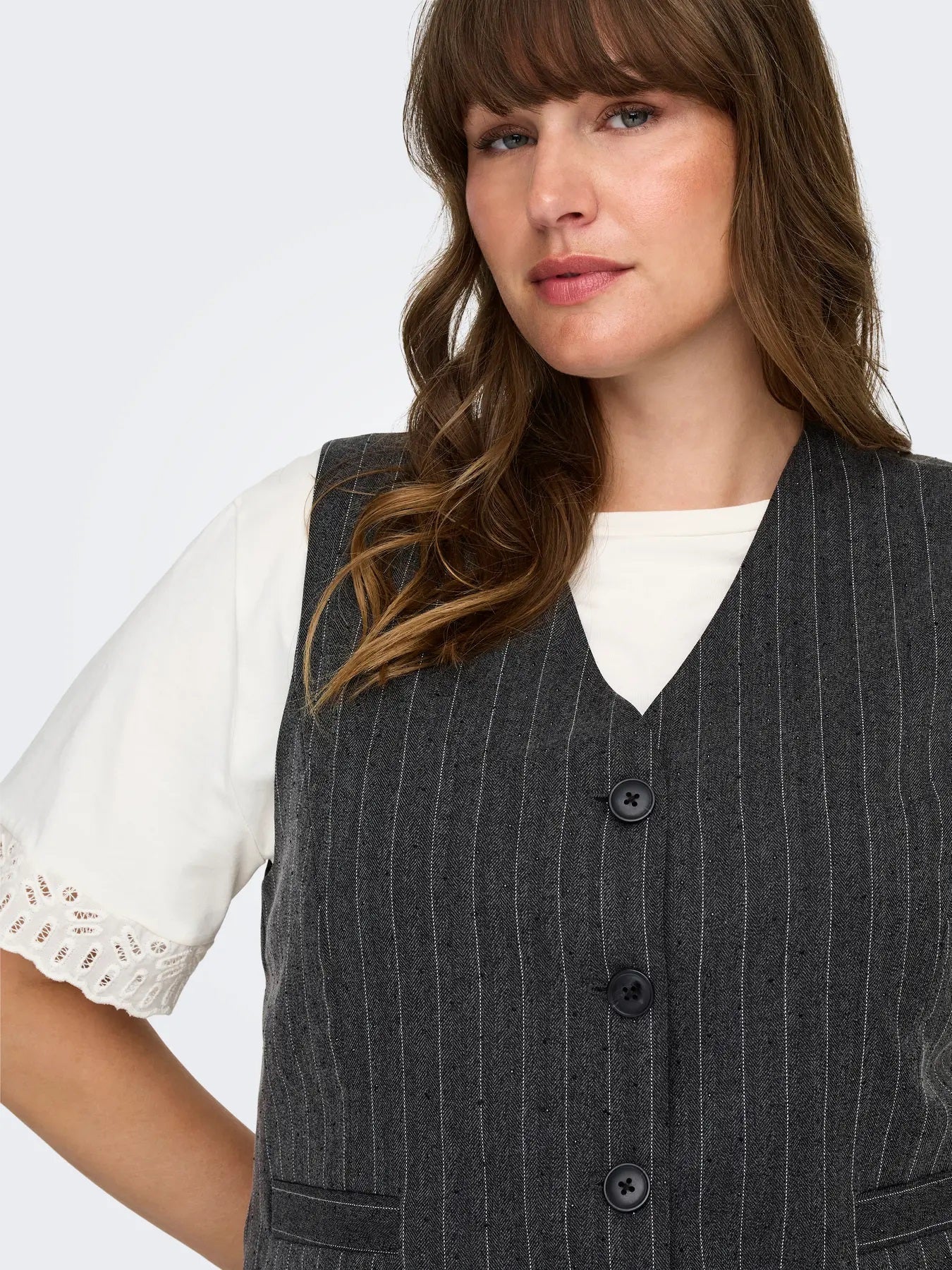 ONLY Carmakoma CARSIGA Waistcoat | Dark Grey Melange/Pinstripe W. Rhinestone