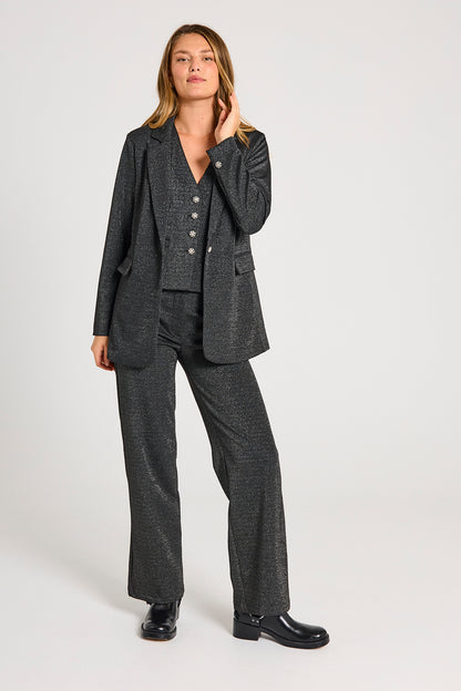 Glitrende sorte bukser med matchende bukser og blazer fra Freequent FQNANNILUX-PANTS Black w. Silver
