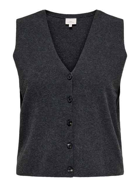 grå strikvest med v-hals og knaplukning. ONLY Carmakoma CARBETINA Vest Dark Grey Melange