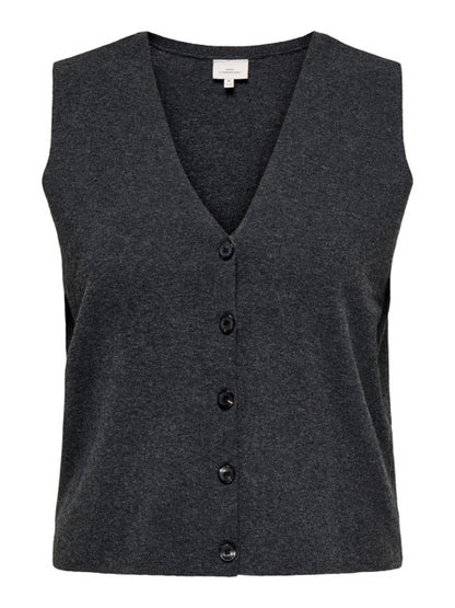 grå strikvest med v-hals og knaplukning. ONLY Carmakoma CARBETINA Vest Dark Grey Melange
