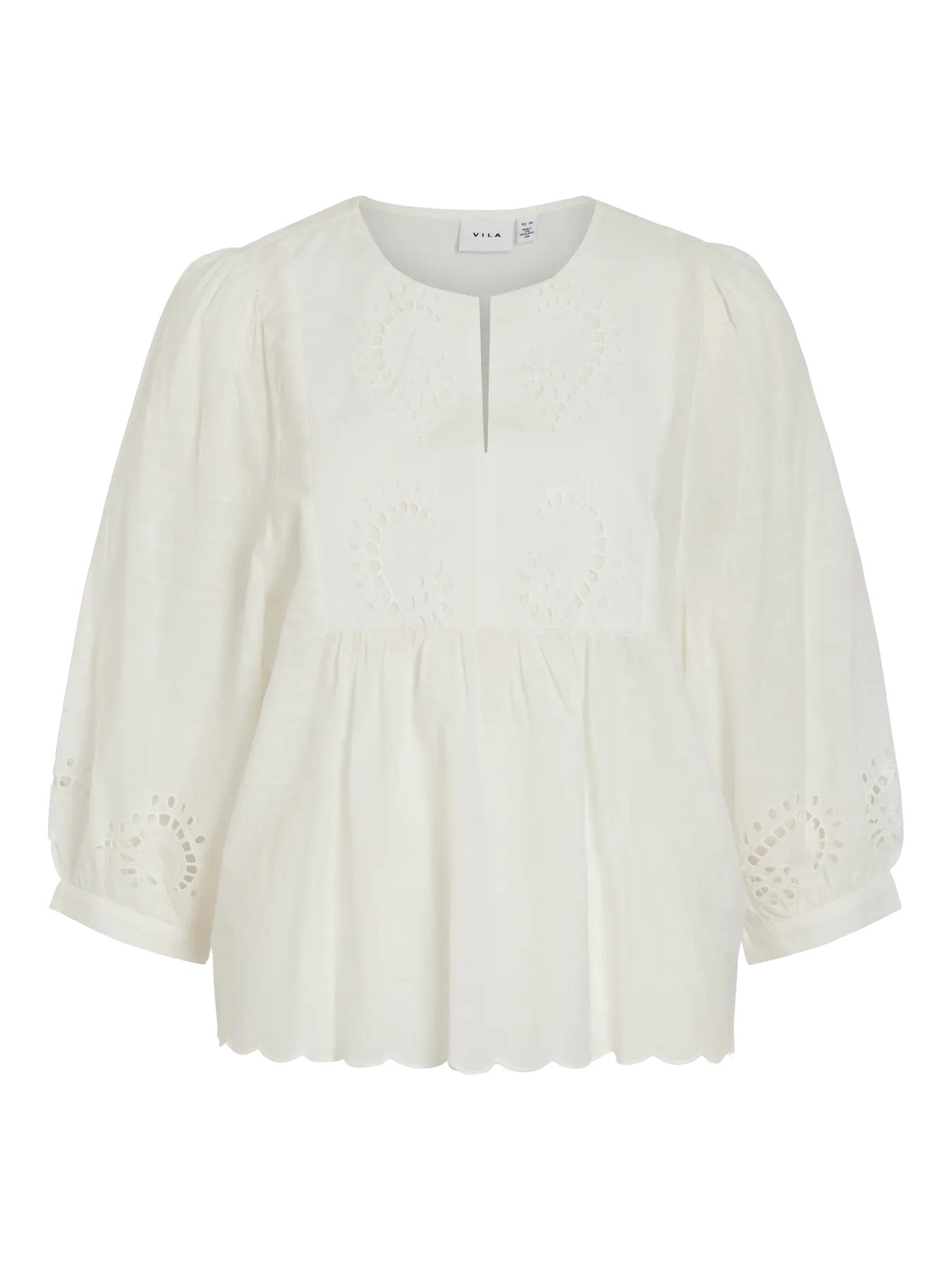 VILA broderet bluse med 3/4 ærmer – creme