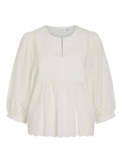 VILA broderet bluse med 3/4 ærmer – creme