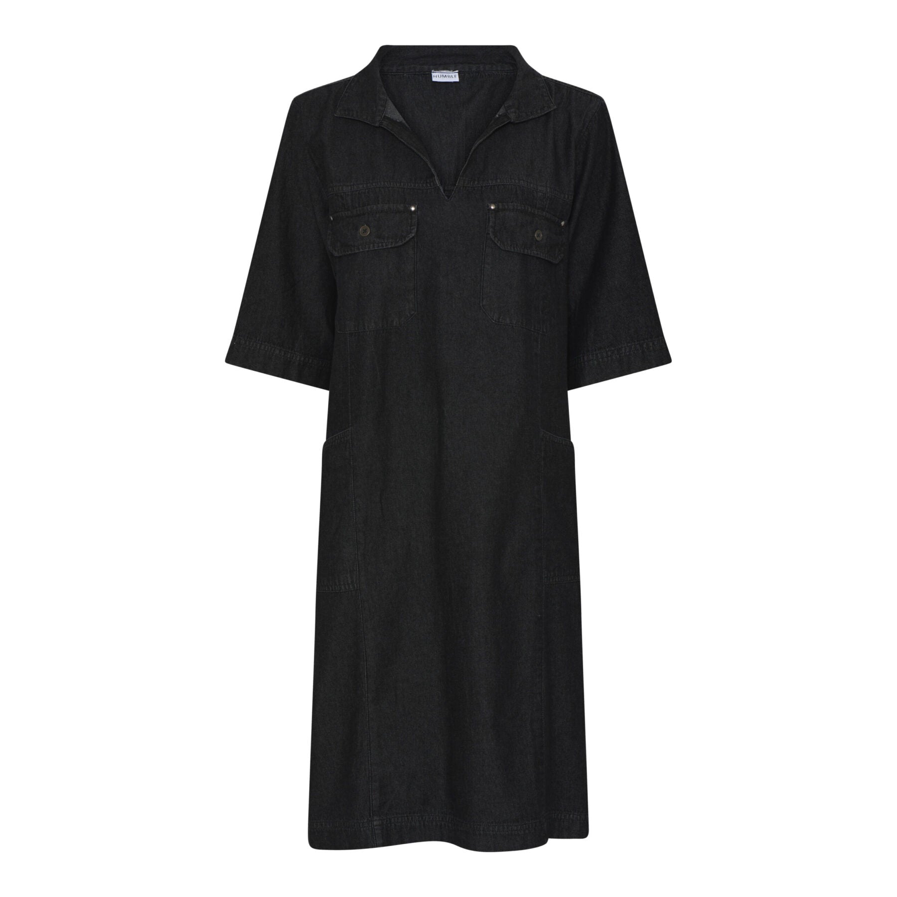 Humble sort denim kjole v-hals brystlommer sidelommer korte ærmer