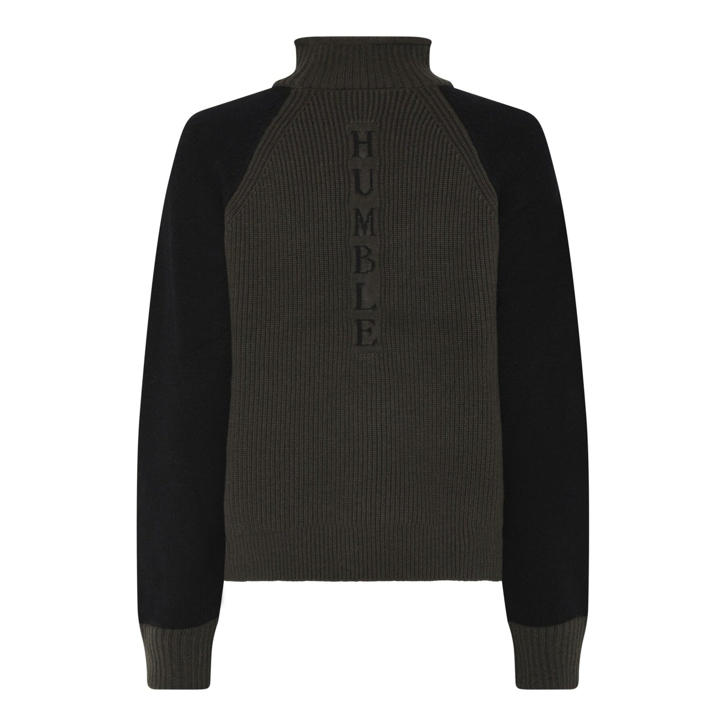 Humble IshaHbs pullover Forest night combi sort og mærkegrøn strik med reglan ærmer og høj hals