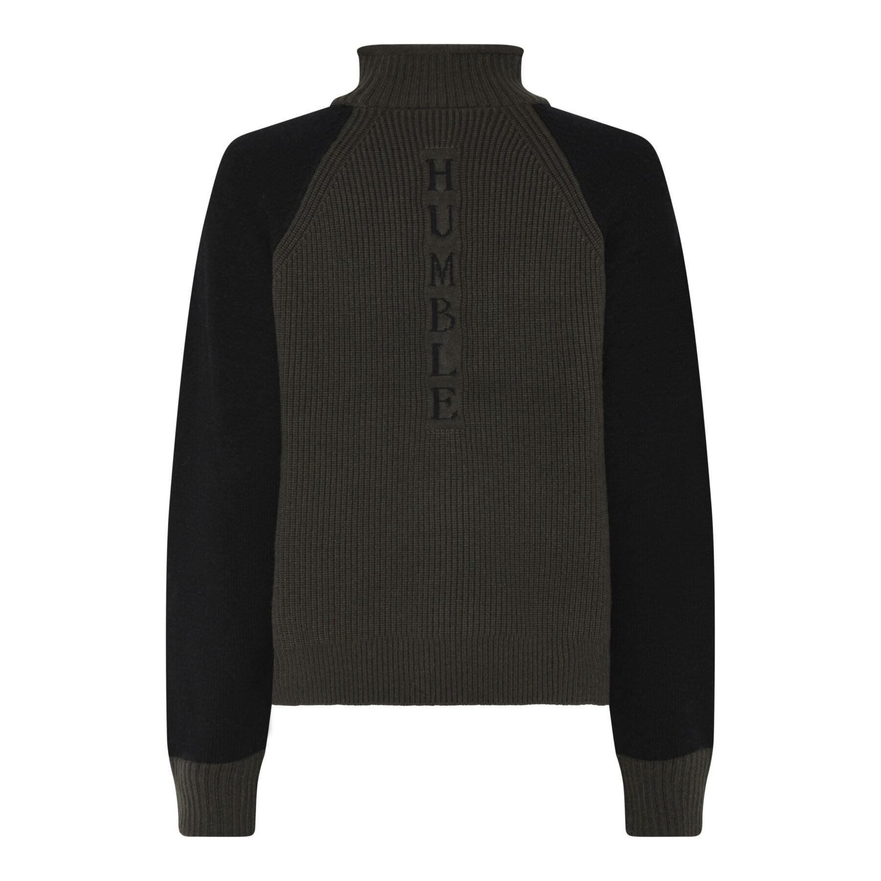 Humble IshaHbs pullover Forest night combi sort og mærkegrøn strik med reglan ærmer og høj hals