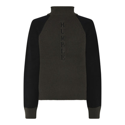 Humble IshaHbs pullover Forest night combi sort og mærkegrøn strik med reglan ærmer og høj hals