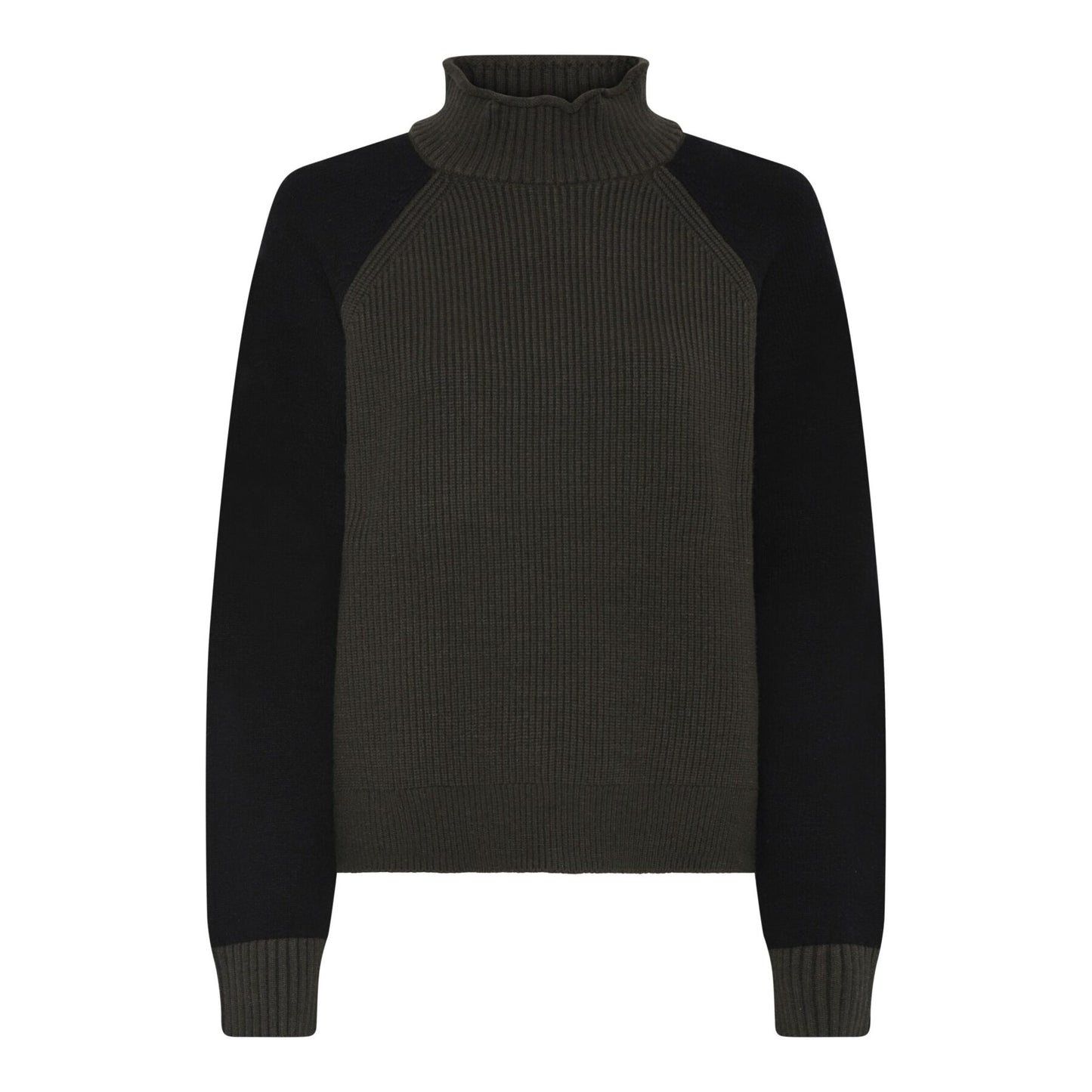 Humble IshaHbs pullover Forest night combi sort og mærkegrøn strik med reglan ærmer og høj hals