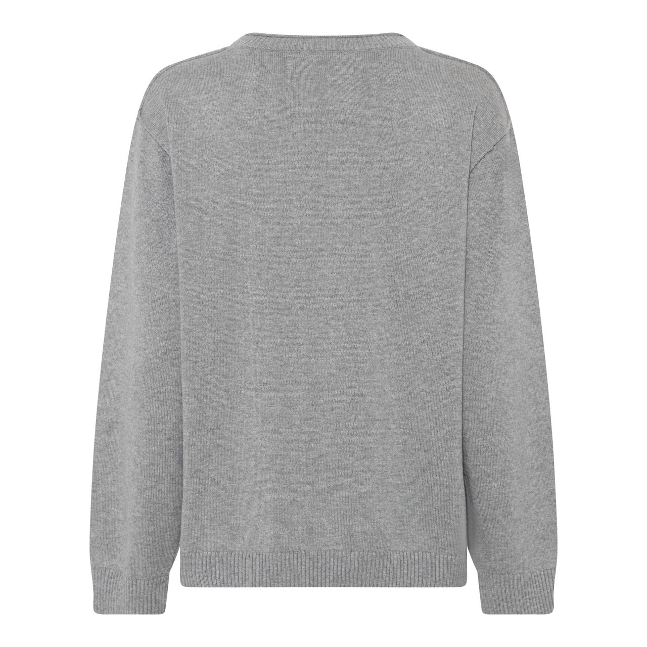 ryggen af grå strik med lille sort broderes HUMBLE logo foran. Humble JazzHbs pullover Light grey melange