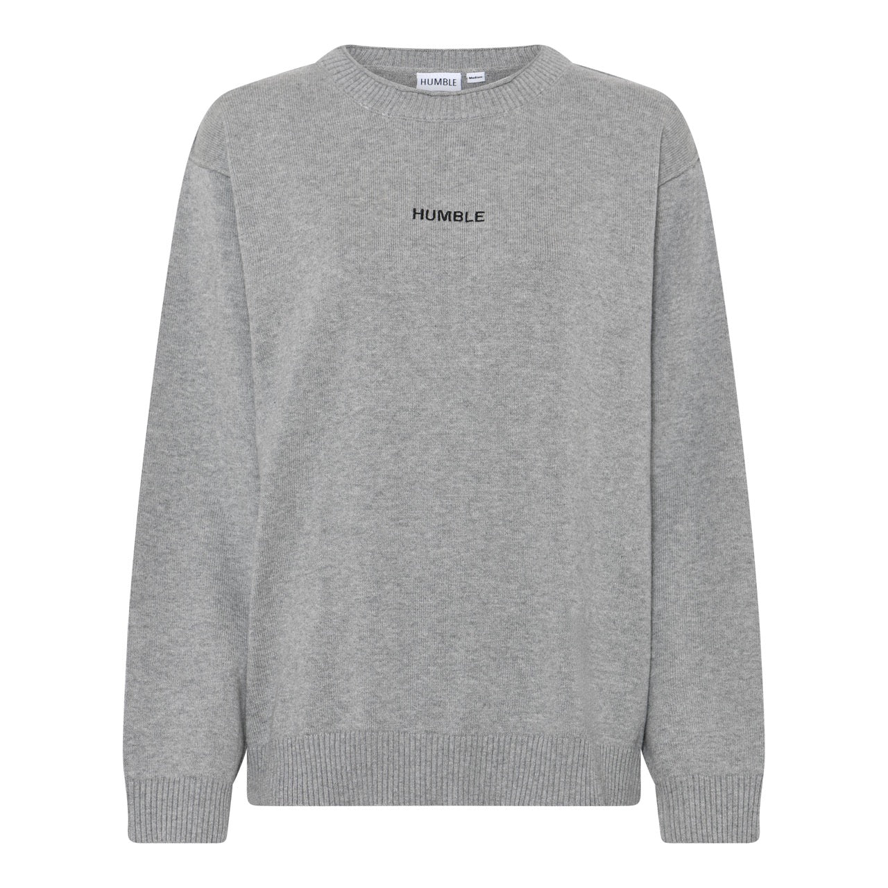 grå strik med lille sort broderes HUMBLE logo foran. Humble JazzHbs pullover Light grey melange