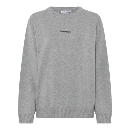 grå strik med lille sort broderes HUMBLE logo foran. Humble JazzHbs pullover Light grey melange