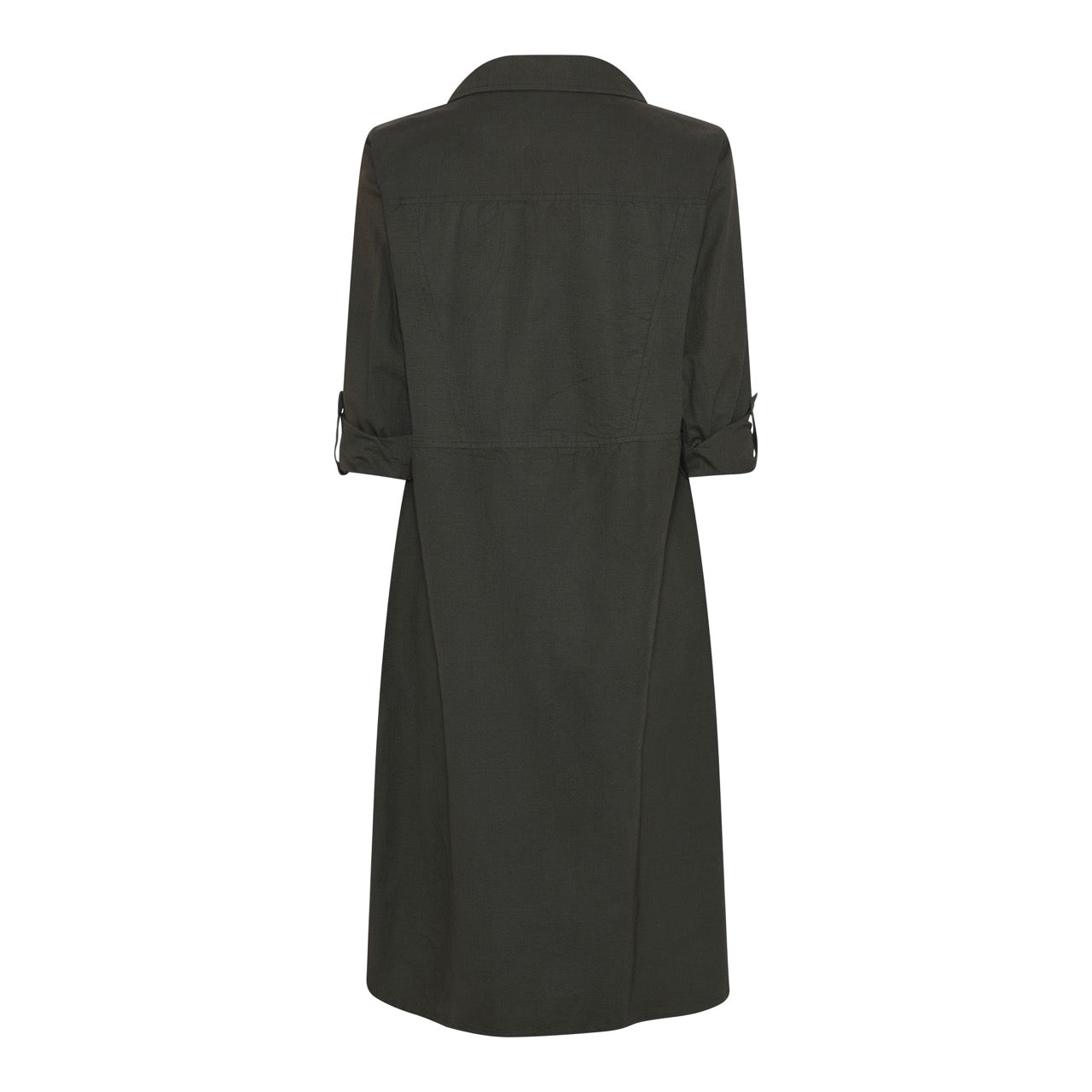 ryggen af army grøn kjole med 2/4 ærme rog knappelukning foran. Humble JessieHbs dress Dark army