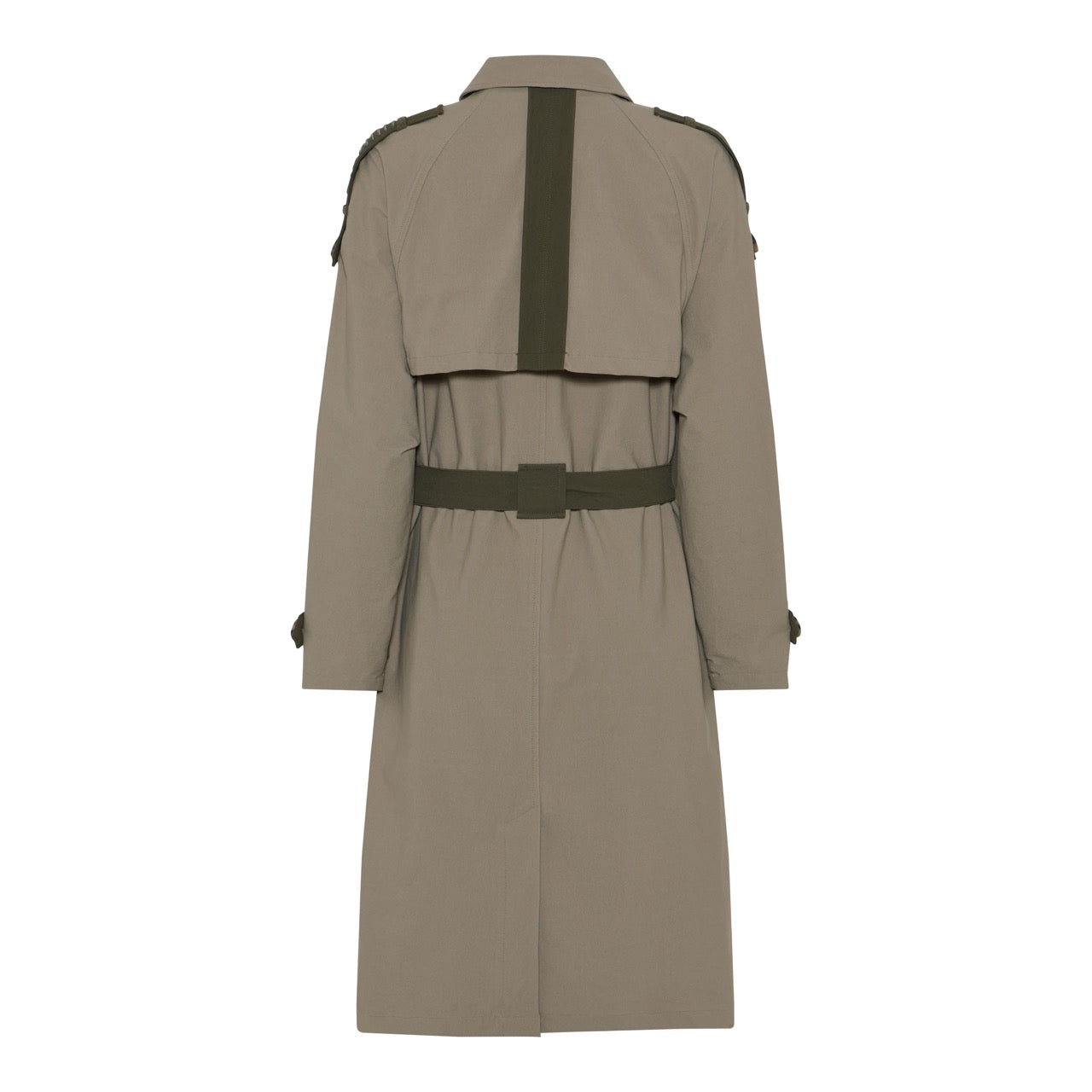 ryggen af beige trenchcoat jakke med army grønne skulderstropper og bundebånd i taljen. Humble JulesHbs jacket Khaki combi