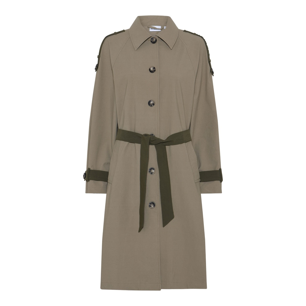 beige trenchcoat jakke med army grønne skulderstropper og bundebånd i taljen. Humble JulesHbs jacket Khaki combi