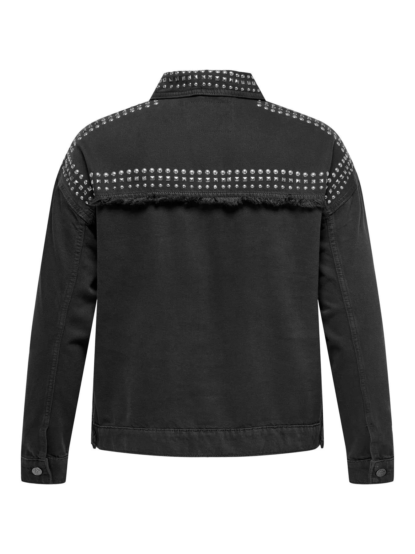 ryggen af kort sort denimjakke med knitter og knaplukning. ONLY Carmakoma CARMARILLA jacket