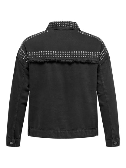 ryggen af kort sort denimjakke med knitter og knaplukning. ONLY Carmakoma CARMARILLA jacket