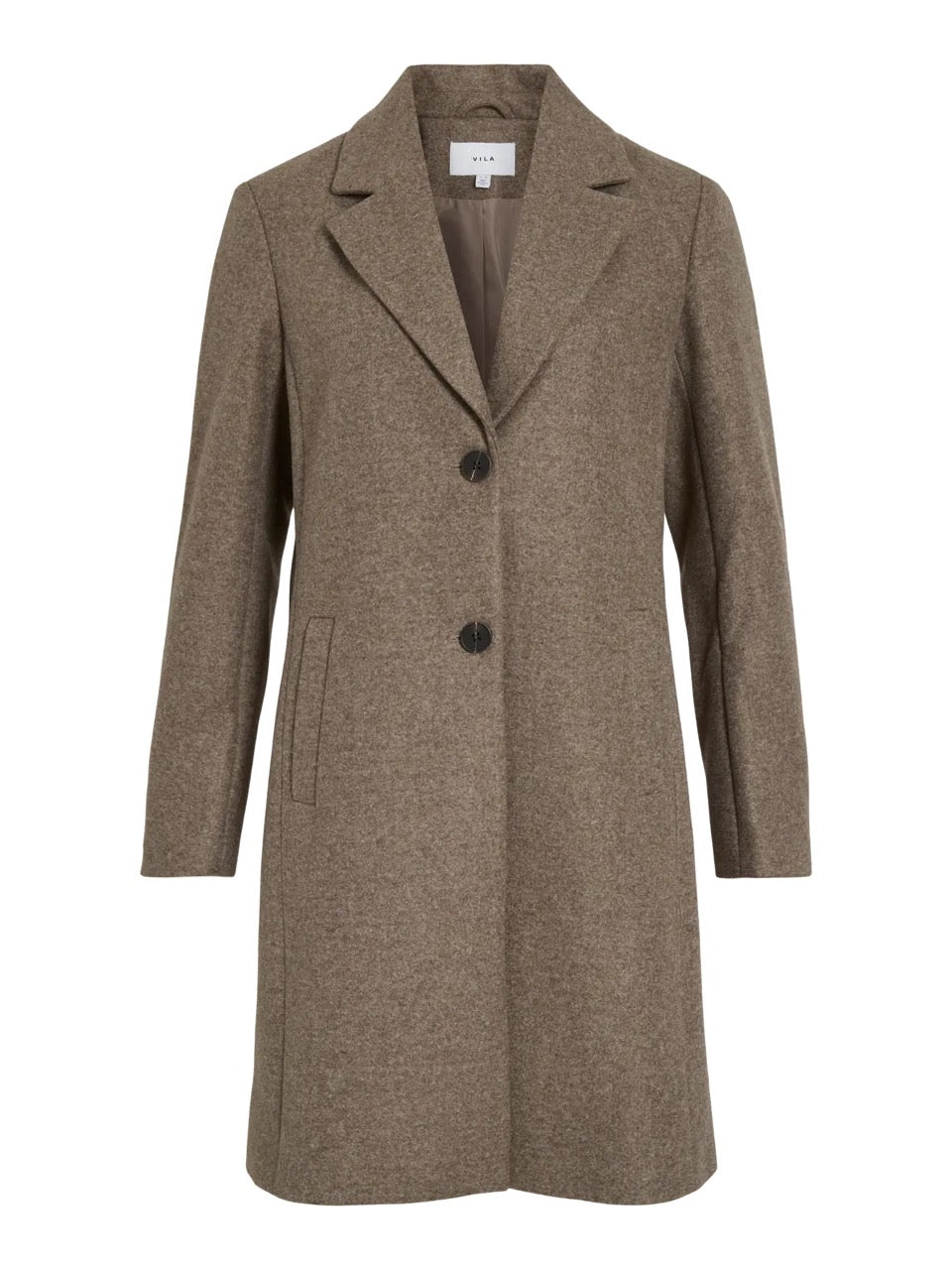lys brun frakke med krave og dobbelt knaplukning. VILA VICLAUDIA Button Coat Falcon Melange
