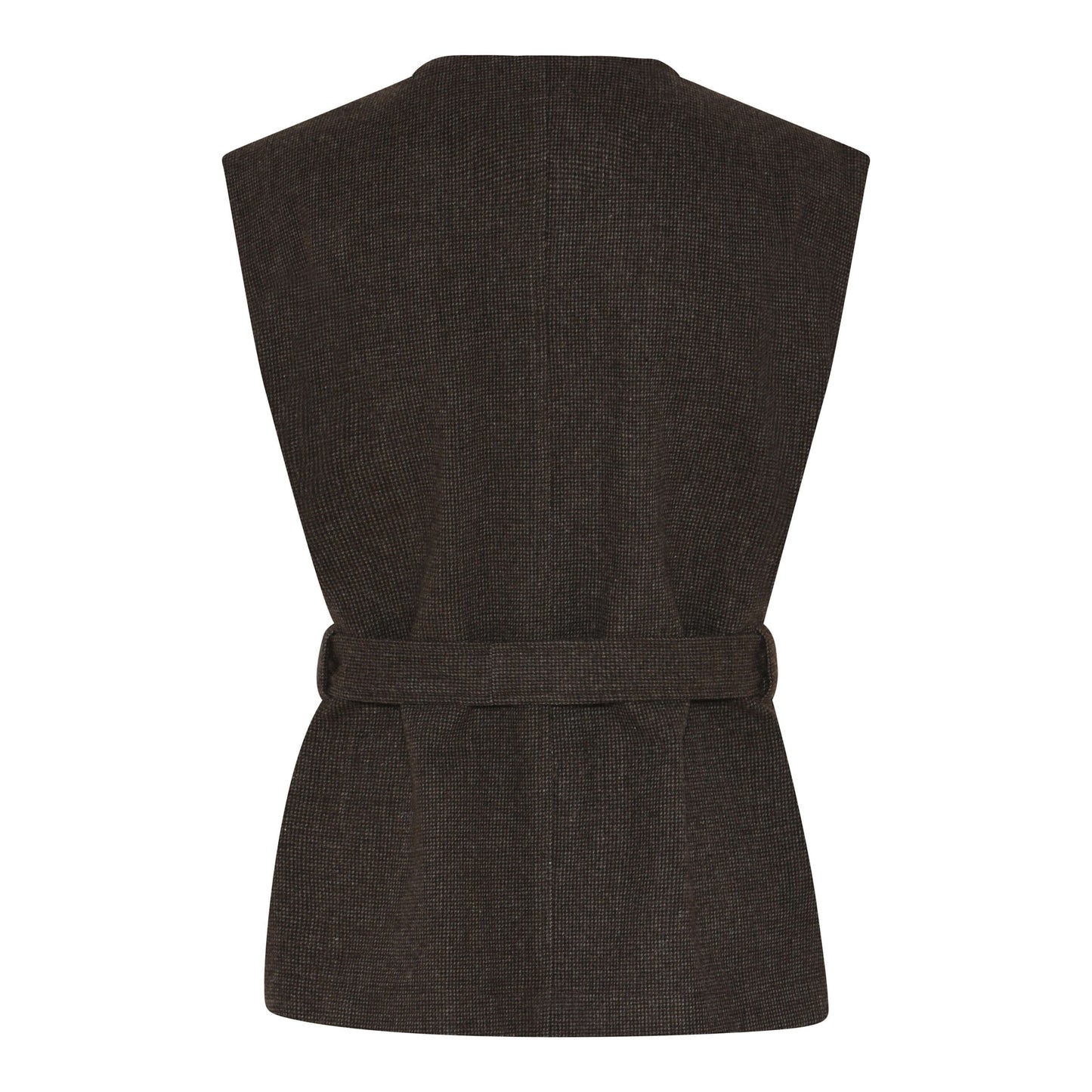 ryggen af brun vest med knaplukning og bindebånd i taljen. Humble MargotHbs vest Brown combi