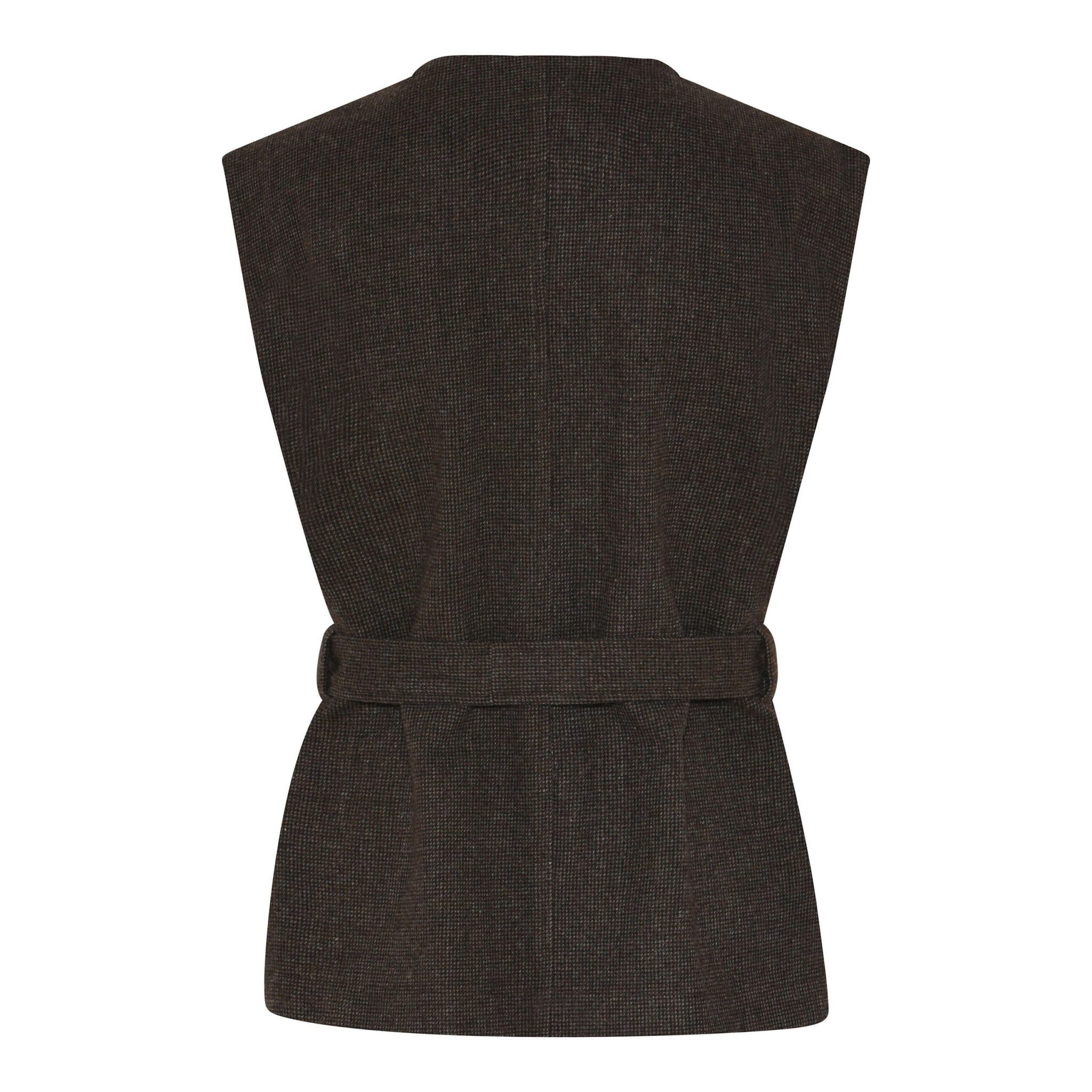 ryggen af brun vest med knaplukning og bindebånd i taljen. Humble MargotHbs vest Brown combi