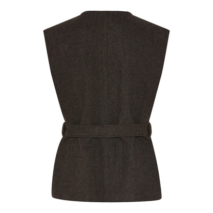 ryggen af brun vest med knaplukning og bindebånd i taljen. Humble MargotHbs vest Brown combi