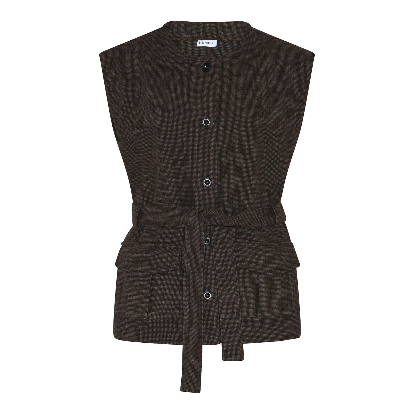 brun vest med knaplukning og bindebånd i taljen. Humble MargotHbs vest Brown combi