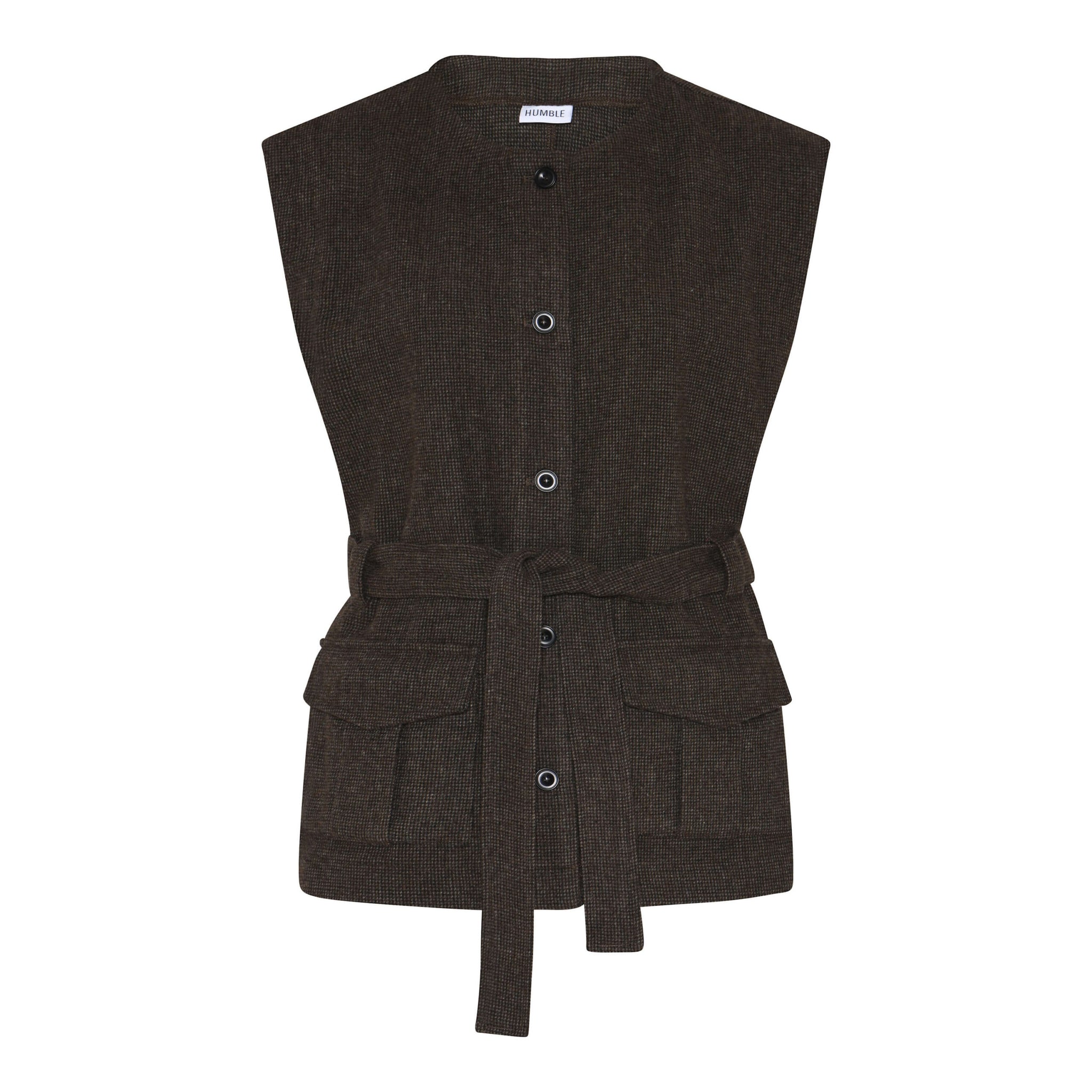 brun vest med knaplukning og bindebånd i taljen. Humble MargotHbs vest Brown combi