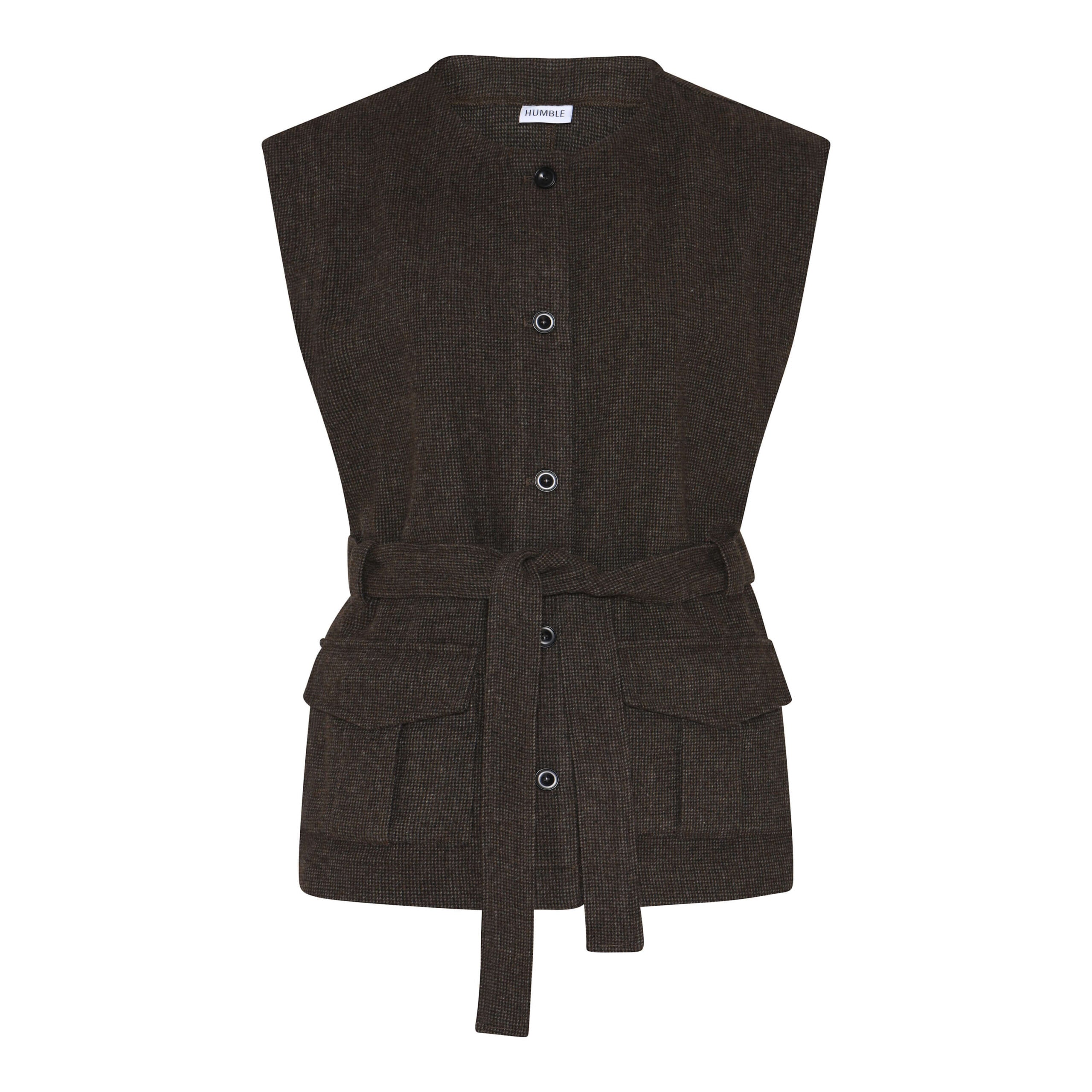 brun vest med knaplukning og bindebånd i taljen. Humble MargotHbs vest Brown combi