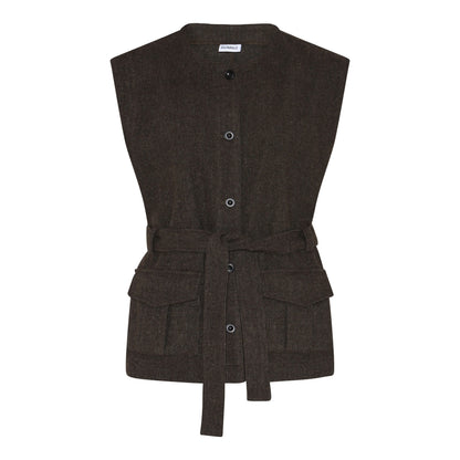 brun vest med knaplukning og bindebånd i taljen. Humble MargotHbs vest Brown combi