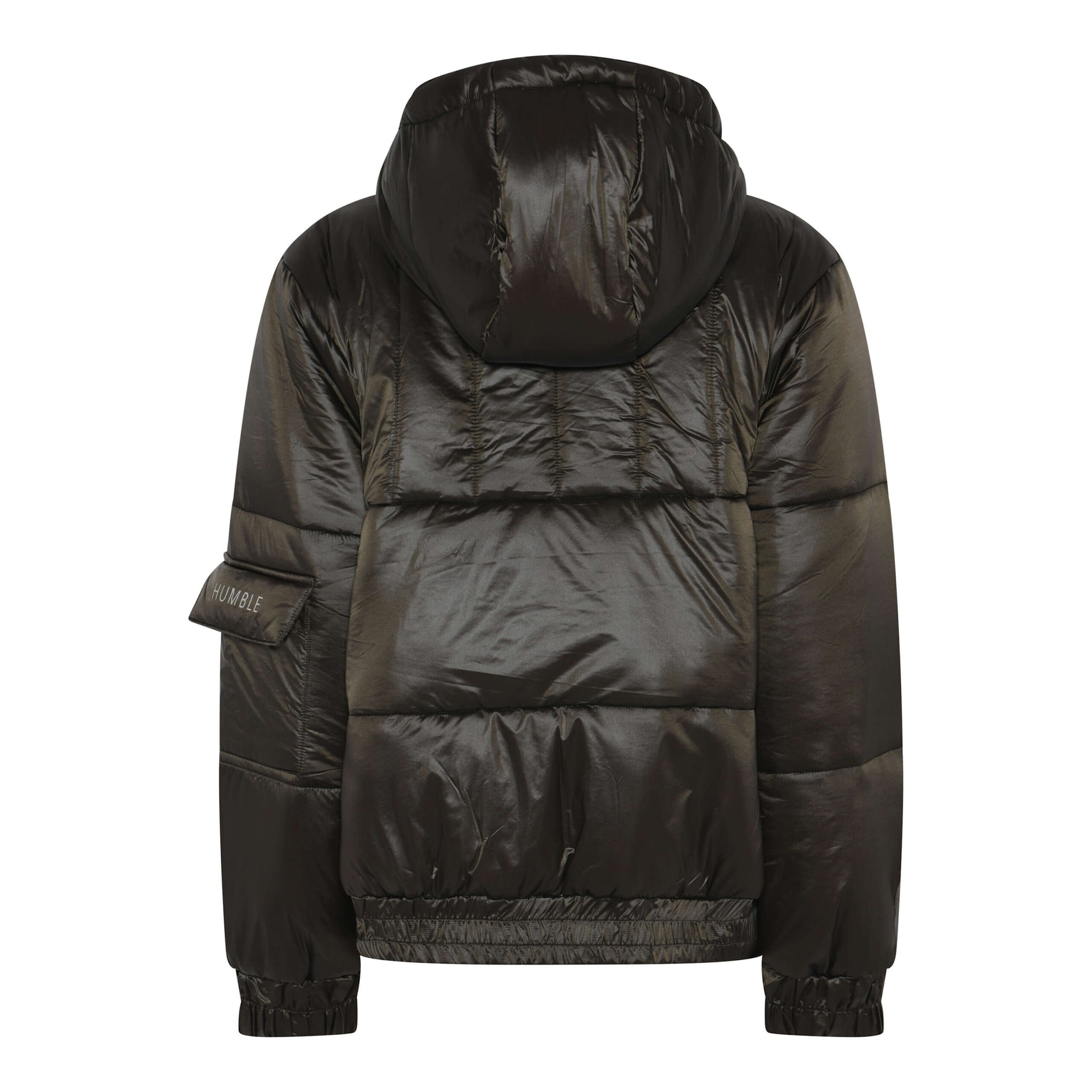 hætte på mørkegrøn vinterjakke i let shiny kvalitet. Humble MarleyHbs jacket forrest