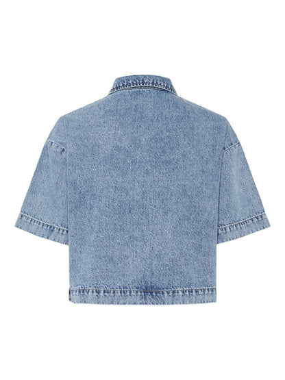 ryggen af kortærmet denim skjorte t-shirt. PCKENYA SS A-SHAPE DENIM TOP BC Medium Blue Denim