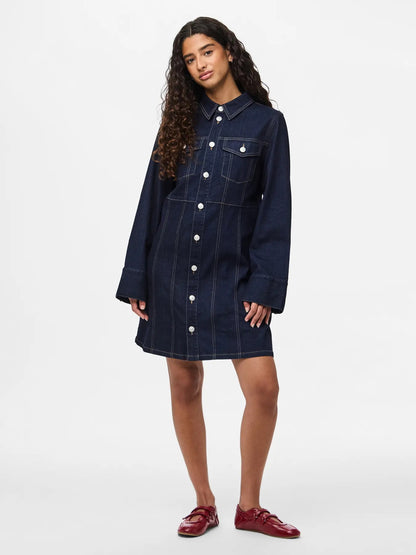 PIECES FEMMA LS SHORT DENIM DRESS | dark blue