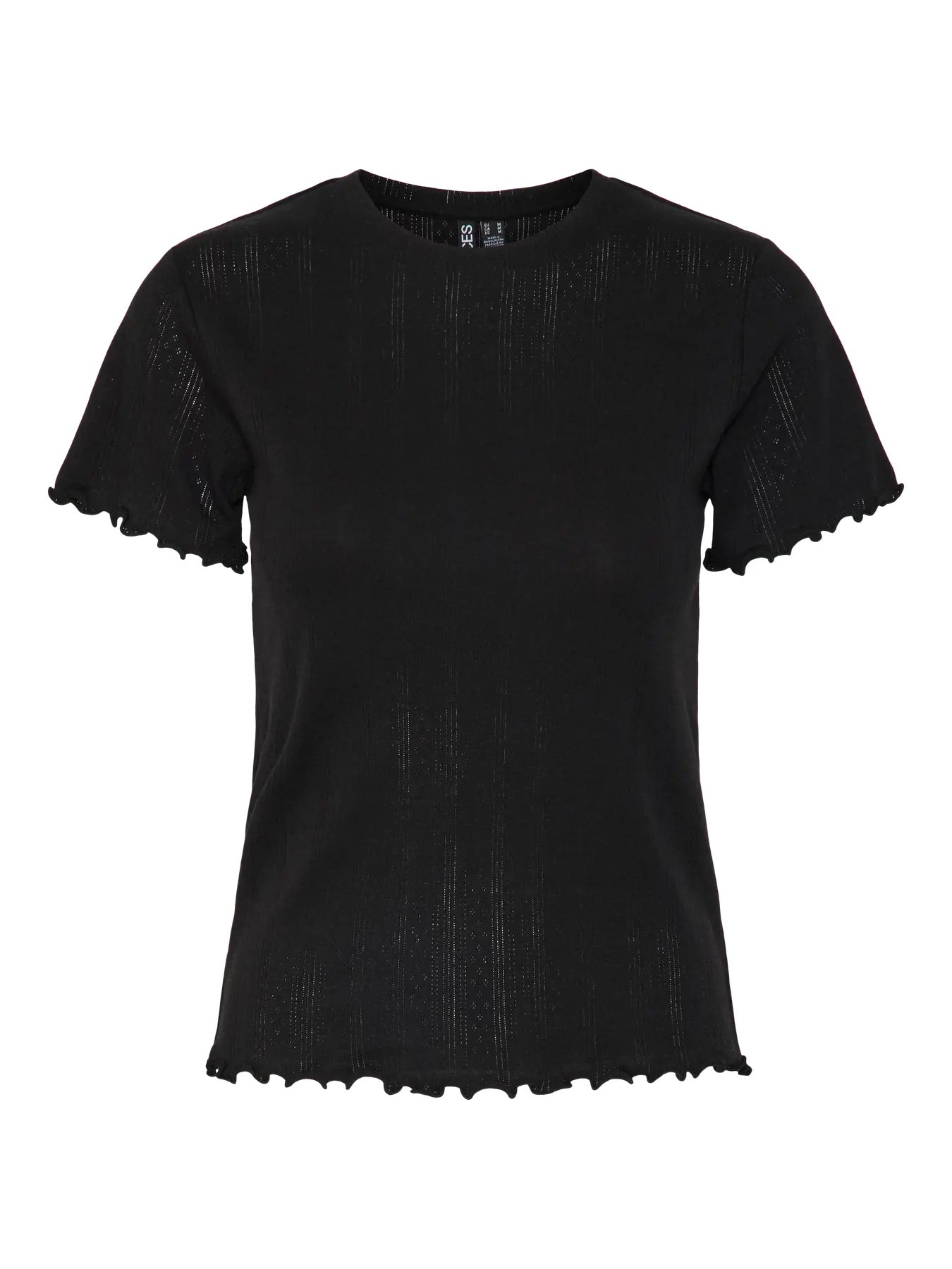 kortærmet sort t-shirt med rund hals og bølget kanter. PIECES PCFIA TOP Black