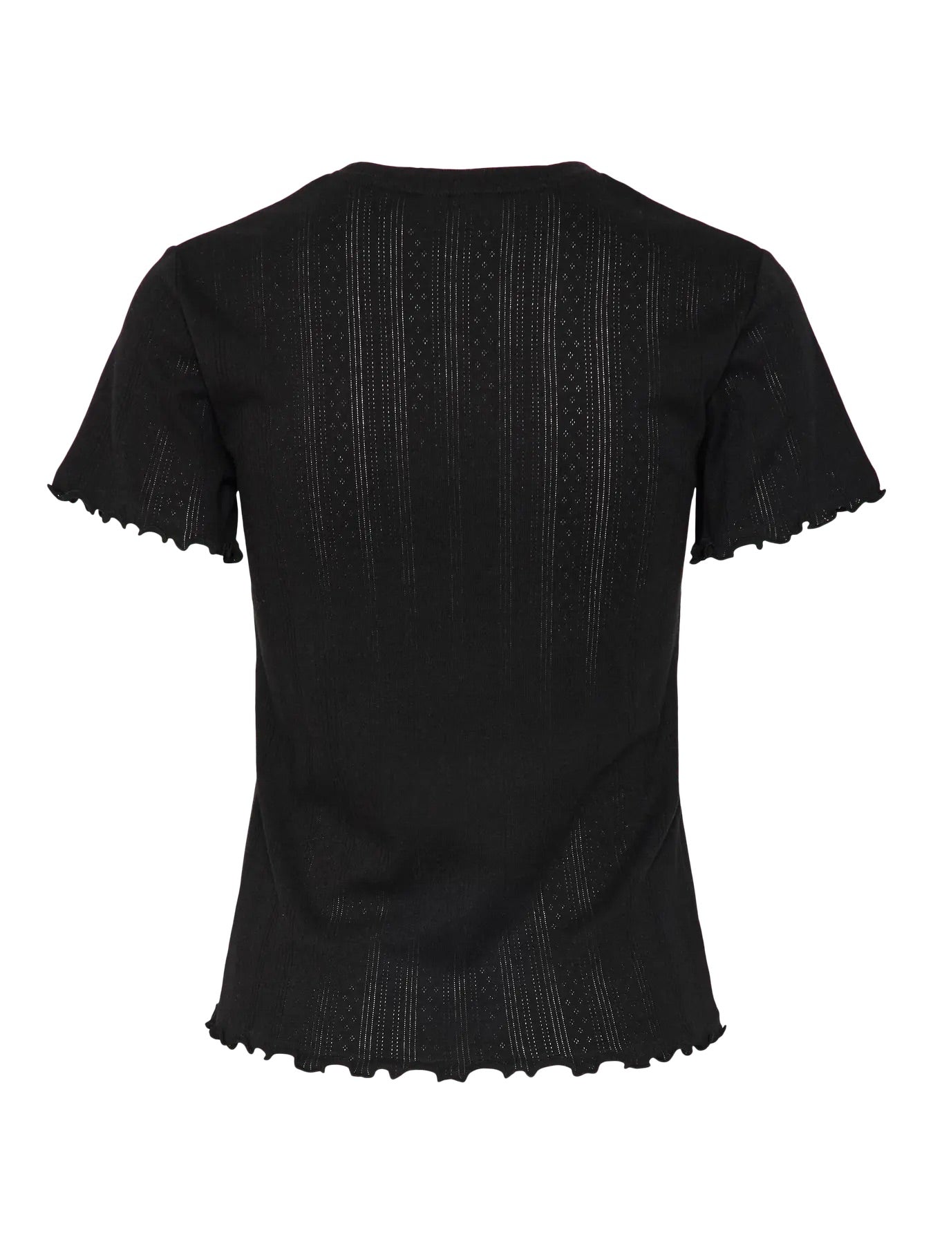 ryggen af kortærmet sort t-shirt med rund hals og bølget kanter. PIECES PCFIA TOP Black