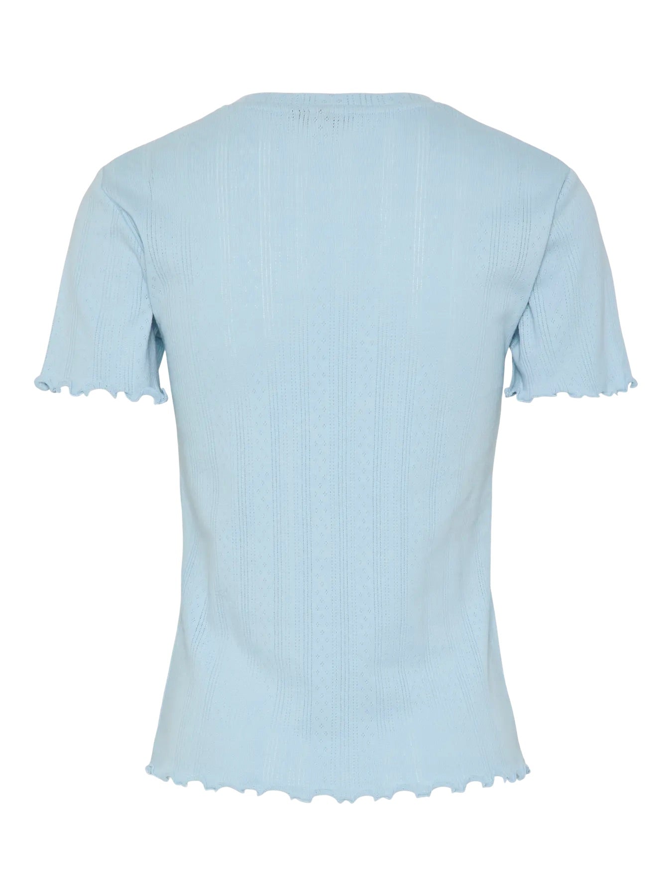 ryggen af kortærmet blå t-shirt med bølget kanter og rund hals. PIECES PCFIA TOP Cashmere Blue