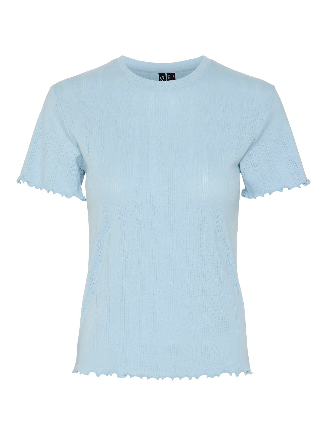 kortærmet blå t-shirt med bølget kanter og rund hals. PIECES PCFIA TOP Cashmere Blue