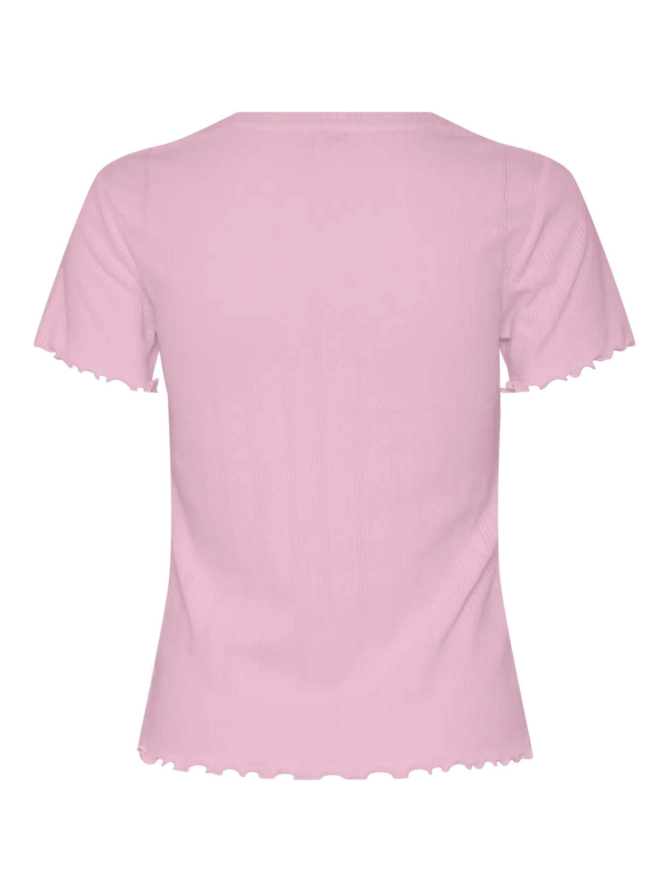 ryggen af kortærmet lyserød t-shirt med bølget kanter og rund hals. PIECES PCFIA TOP Roseate Spoonbill