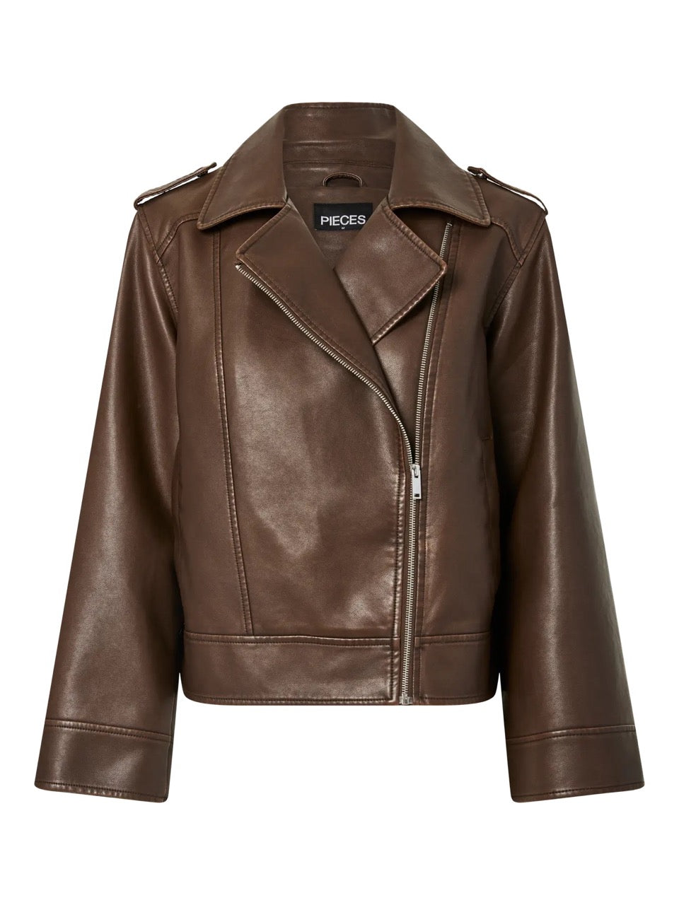 brun læderjakke PIECES PCJOSIE Coated Biker Jacket Hot Fudge Washed