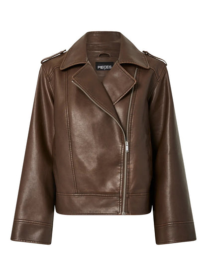 brun læderjakke PIECES PCJOSIE Coated Biker Jacket Hot Fudge Washed