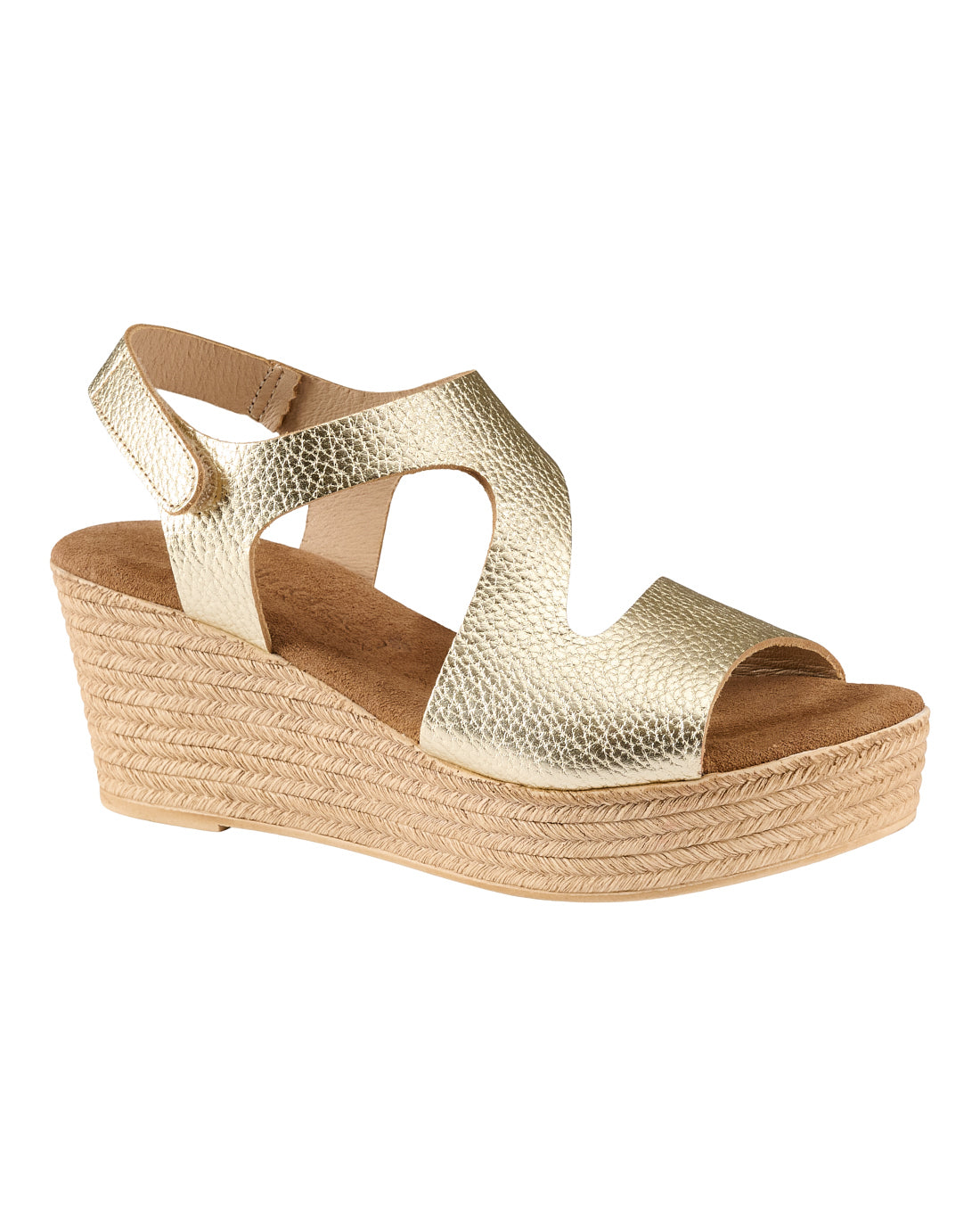 metallic skind sandal med kilehæl på 7 cm og en front på 3 cm. Tim & Simonsen Katia Nature Platino