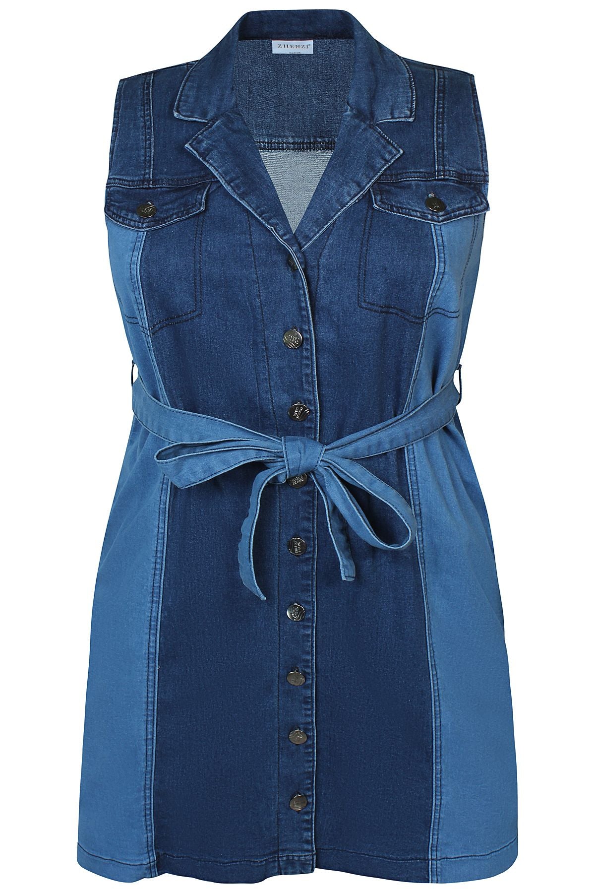 blå denimkjole uden ærmer med knappelukning og bindebånd i talje. ZHENZI Hope 786-Dress Nigella Blue