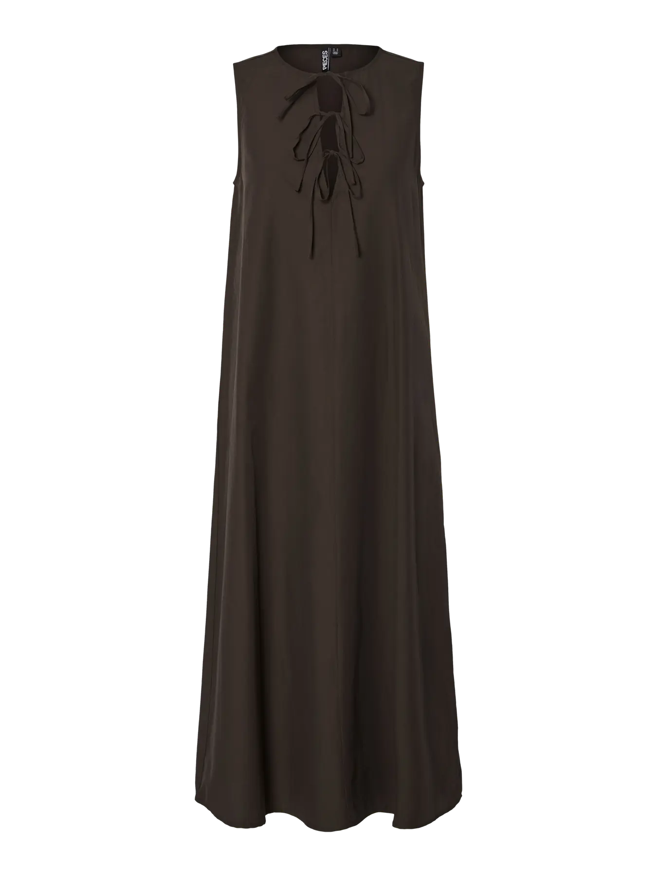 ærmeløs lang brun kjole med bindebånd på fronten. PIECES PCJENNA Midi Tie Dress Delicioso