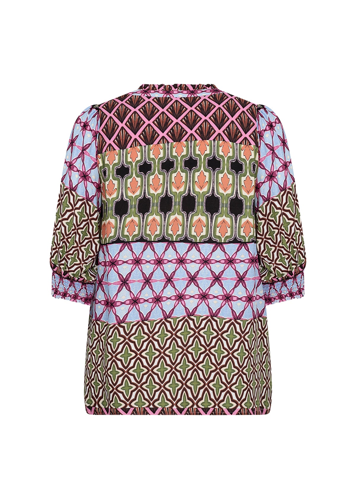 ryggen af kortærmet mønstret bluse i mange farver. Wasabi WA-MELIKA 1 Bluse Wild Rose Combi