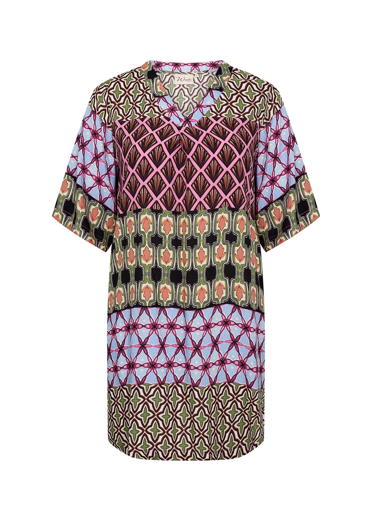 kortærmet mønstret kjole i mange farver med v-hals. Wasabi WA-MELIKA 3 Kjole Wild Rose Combi