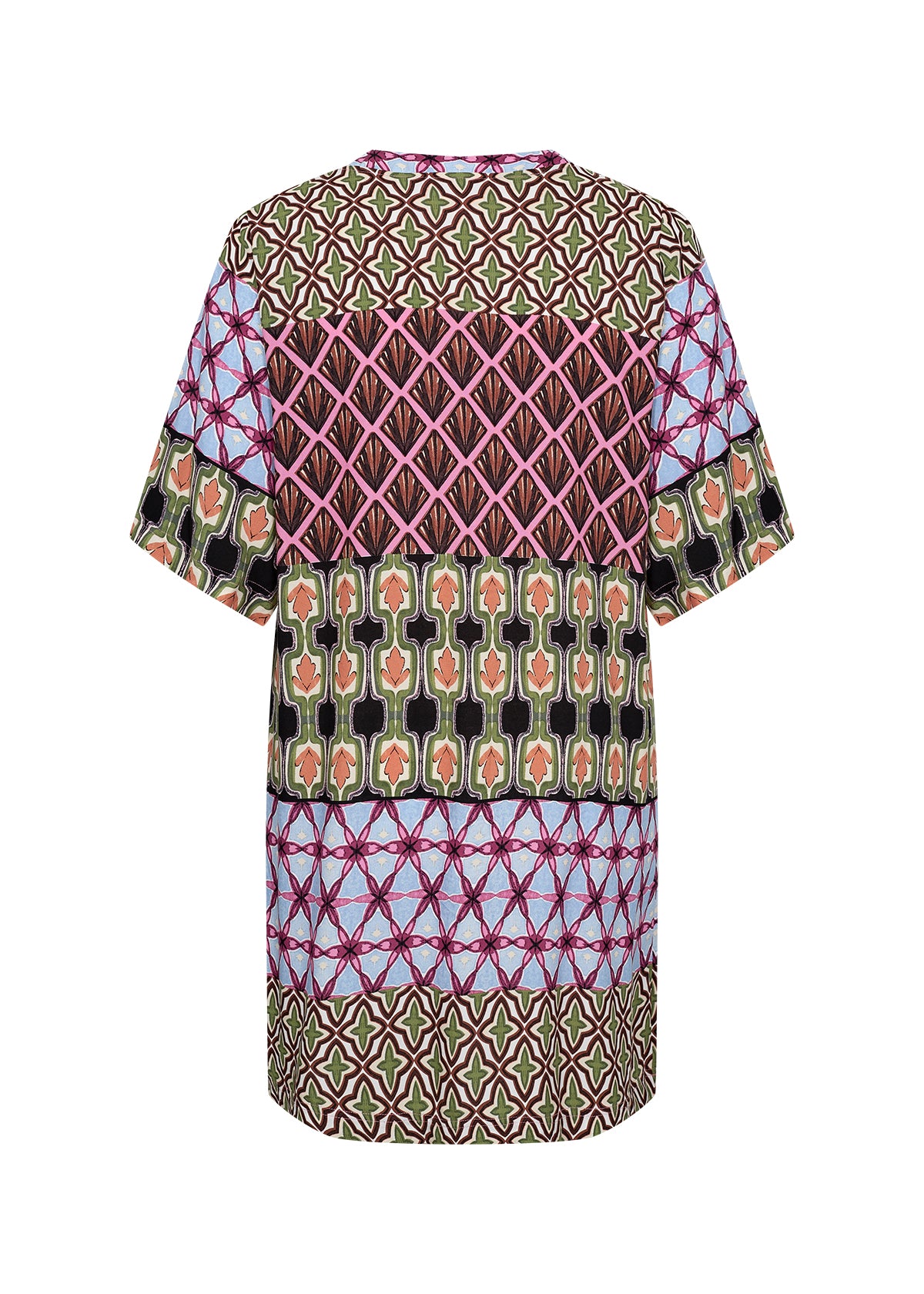 ryggen af kortærmet mønstret kjole i mange farver med v-hals. Wasabi WA-MELIKA 3 Kjole Wild Rose Combi