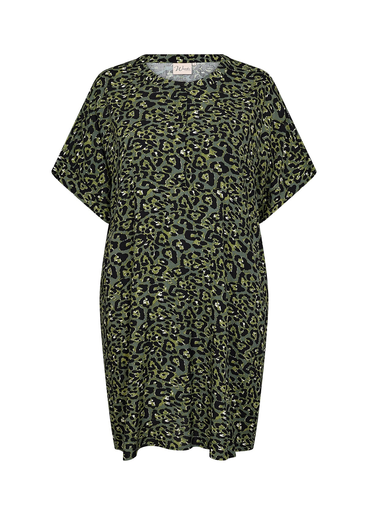 kortærmet grøn kjole med rund hals og leopardmønster. Wasabi WA-MELINA 3 Kjole Thyme Combi