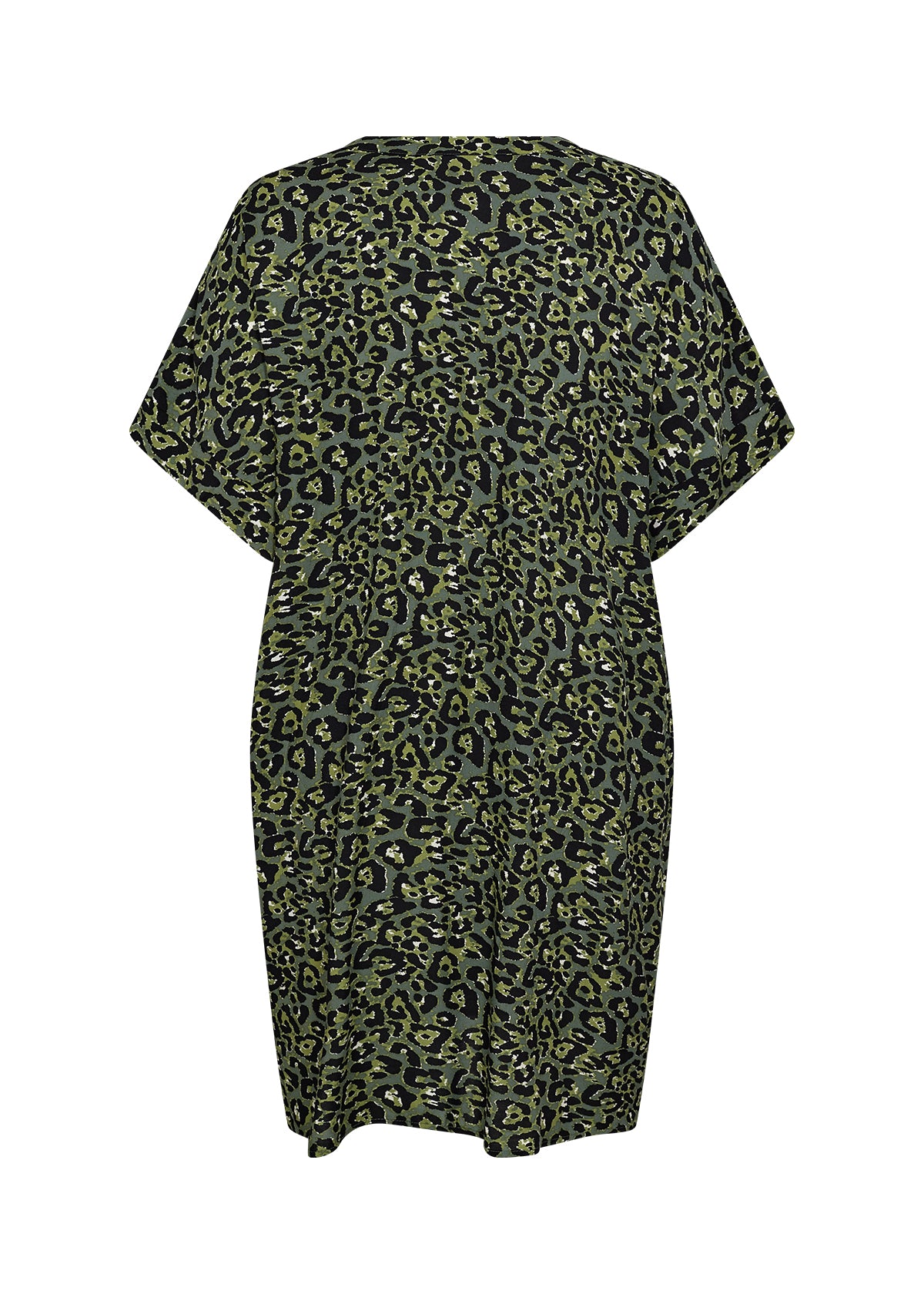 ryggen af kortærmet grøn kjole med rund hals og leopardmønster. Wasabi WA-MELINA 3 Kjole Thyme Combi