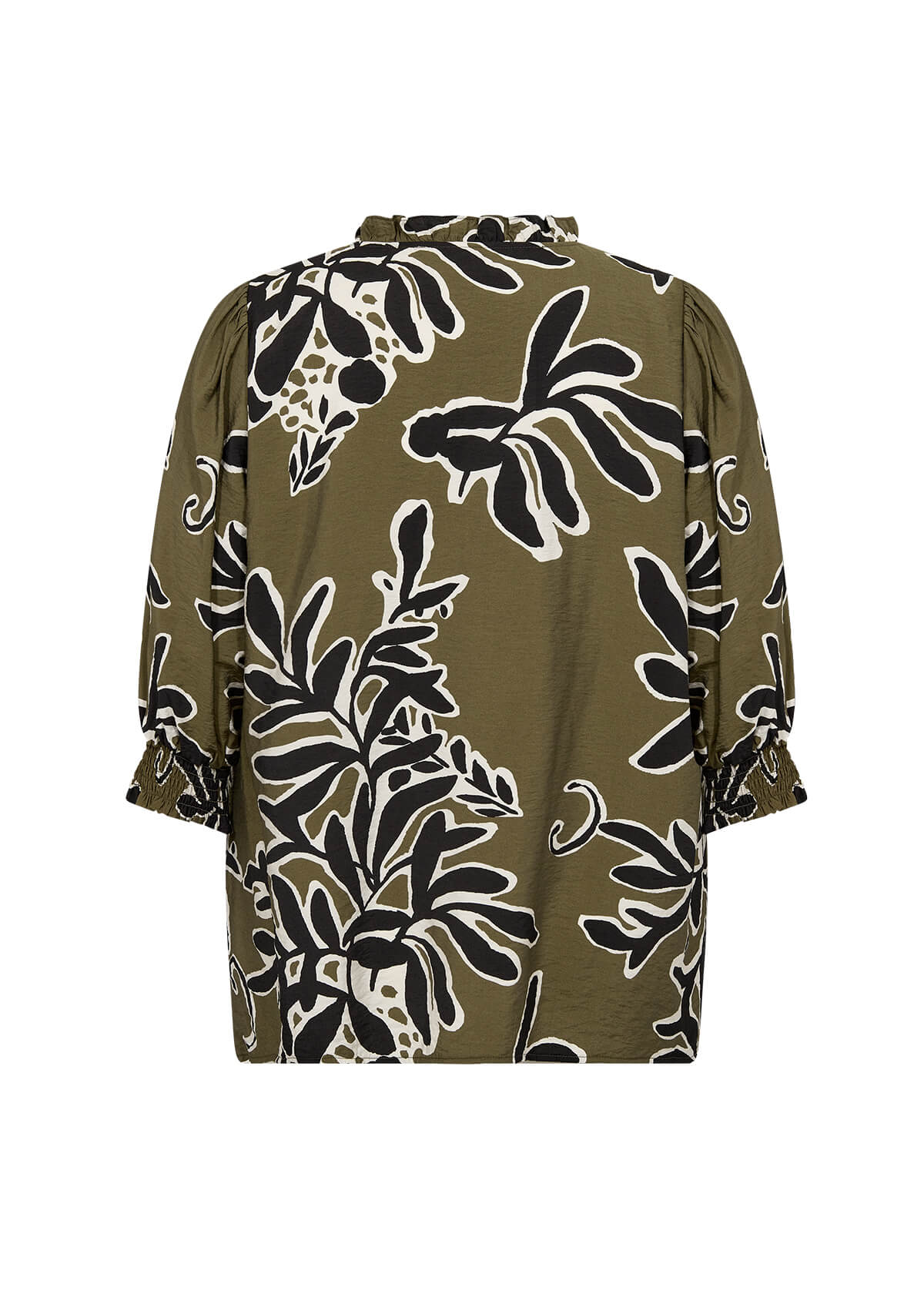 ryggen af grøn bluse med abstrakt bladmønster i sort og hvid. Wasabi WA-LINNEA 2 Bluse Misty Olive Combi