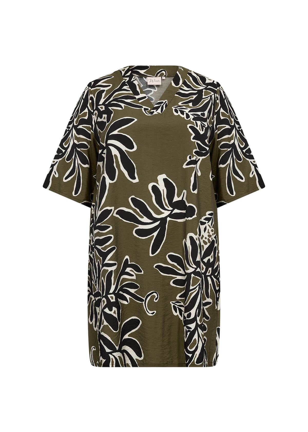 kortærmet grøn tunika med sort og hvid bladprint. Wasabi WA-LINNEA 3 Tunika Misty Olive Combi