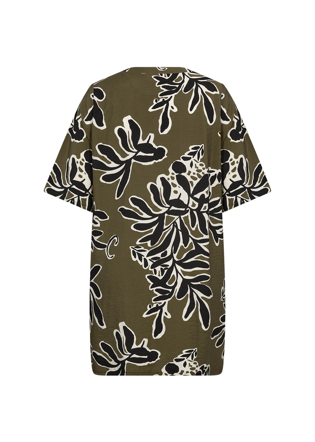 ryggen af kortærmet grøn tunika med sort og hvid bladprint. Wasabi WA-LINNEA 3 Tunika Misty Olive Combi