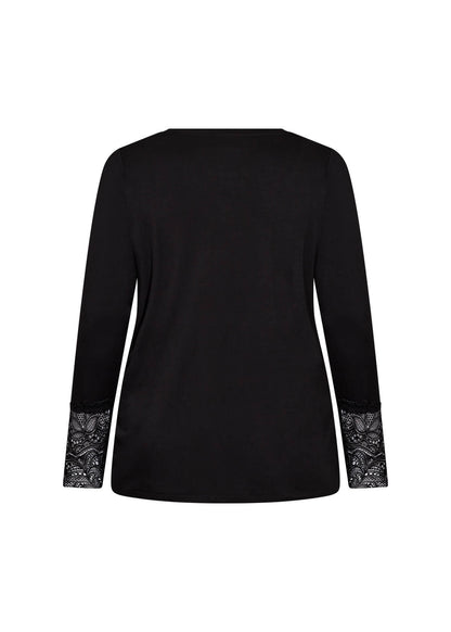 ryggen af langærmet sort bluse med blonder på ærmerne. Wasabi WA-STELLA 24 Bluse Black